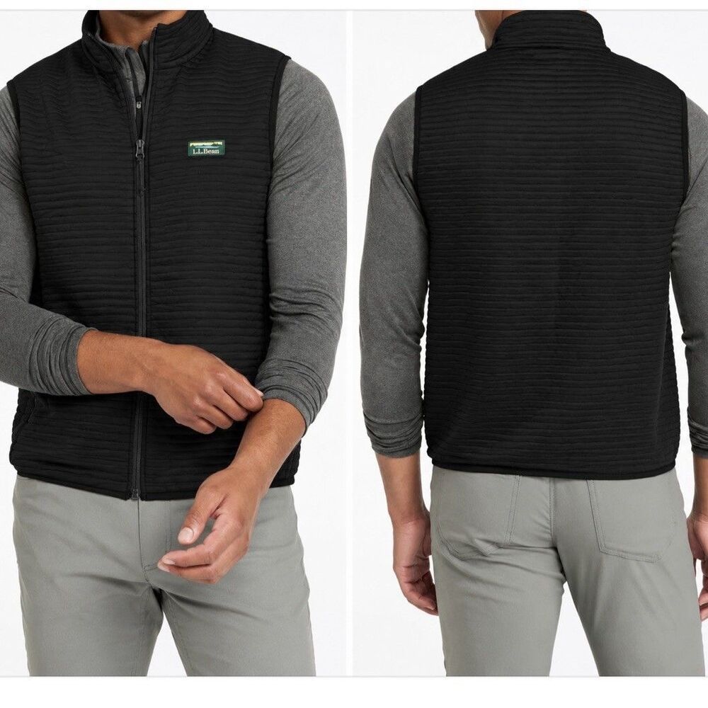 L.L.Bean Airlight Men's M Black Knit Vest Ribbed Full Zip Textured Layering
